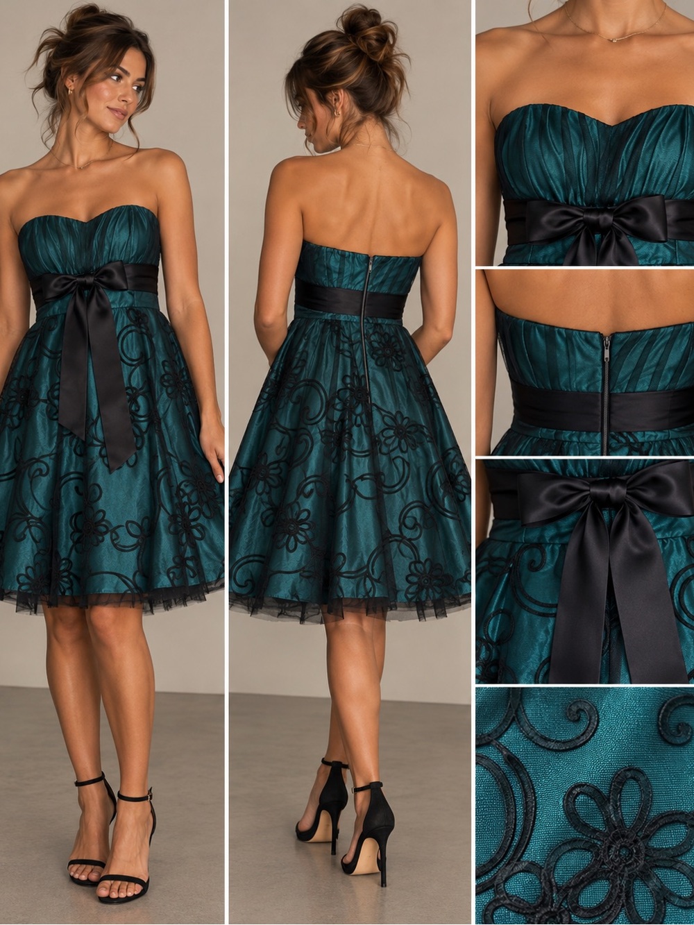 Jessica McClintock Teal Strapless A-Line Dress with Black Satin Bow